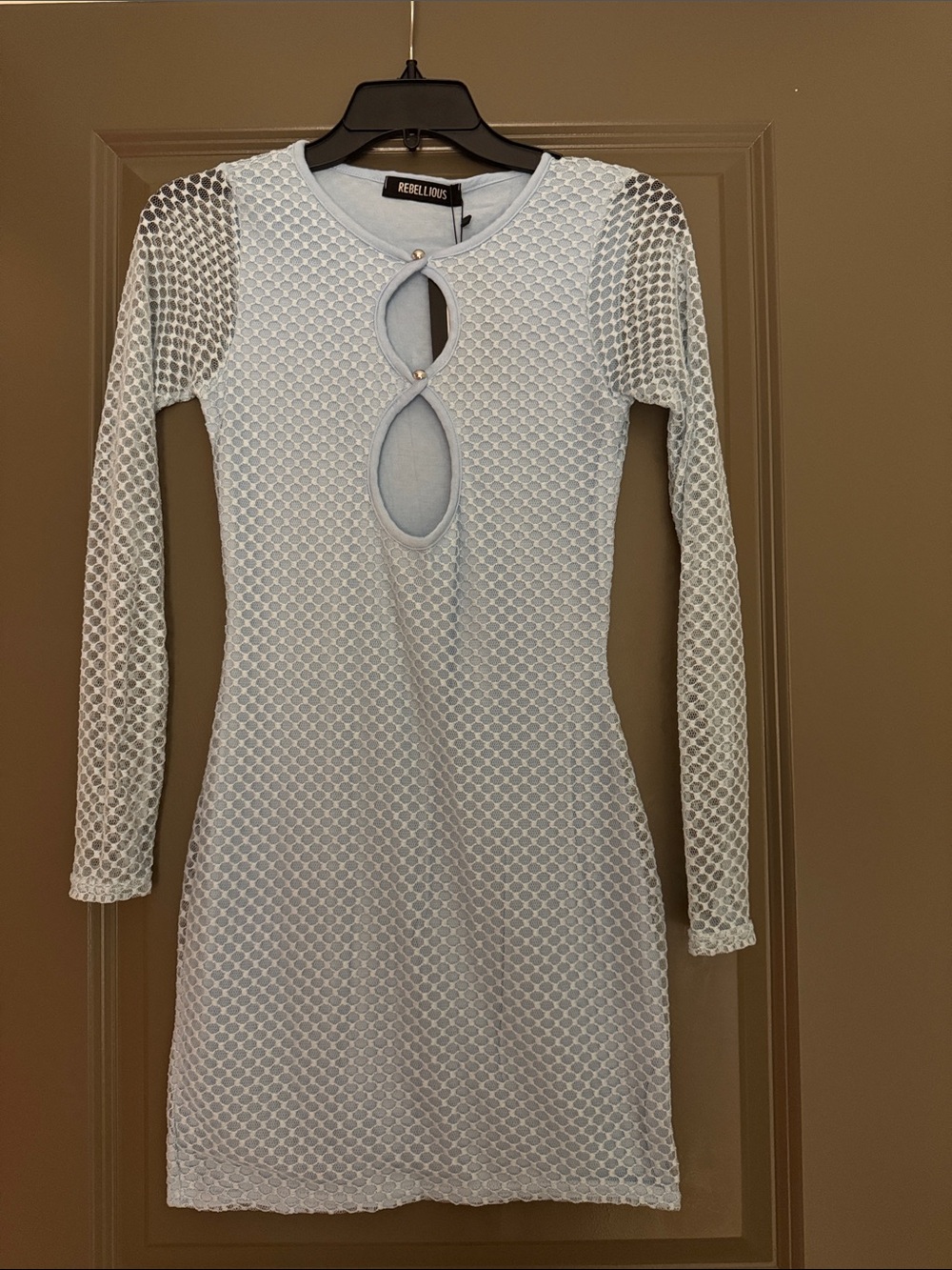 Rebellious Fashion Pale Blue Mesh Lace Bodycon Mini Dress – US 6 / UK 10 – NWT
